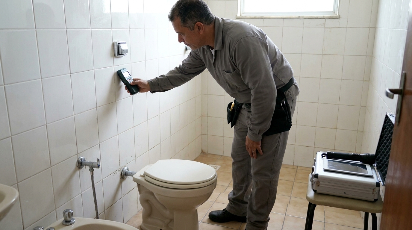 Técnico de caça vazamento analisando tubulação em Belo Horizonte‑MG