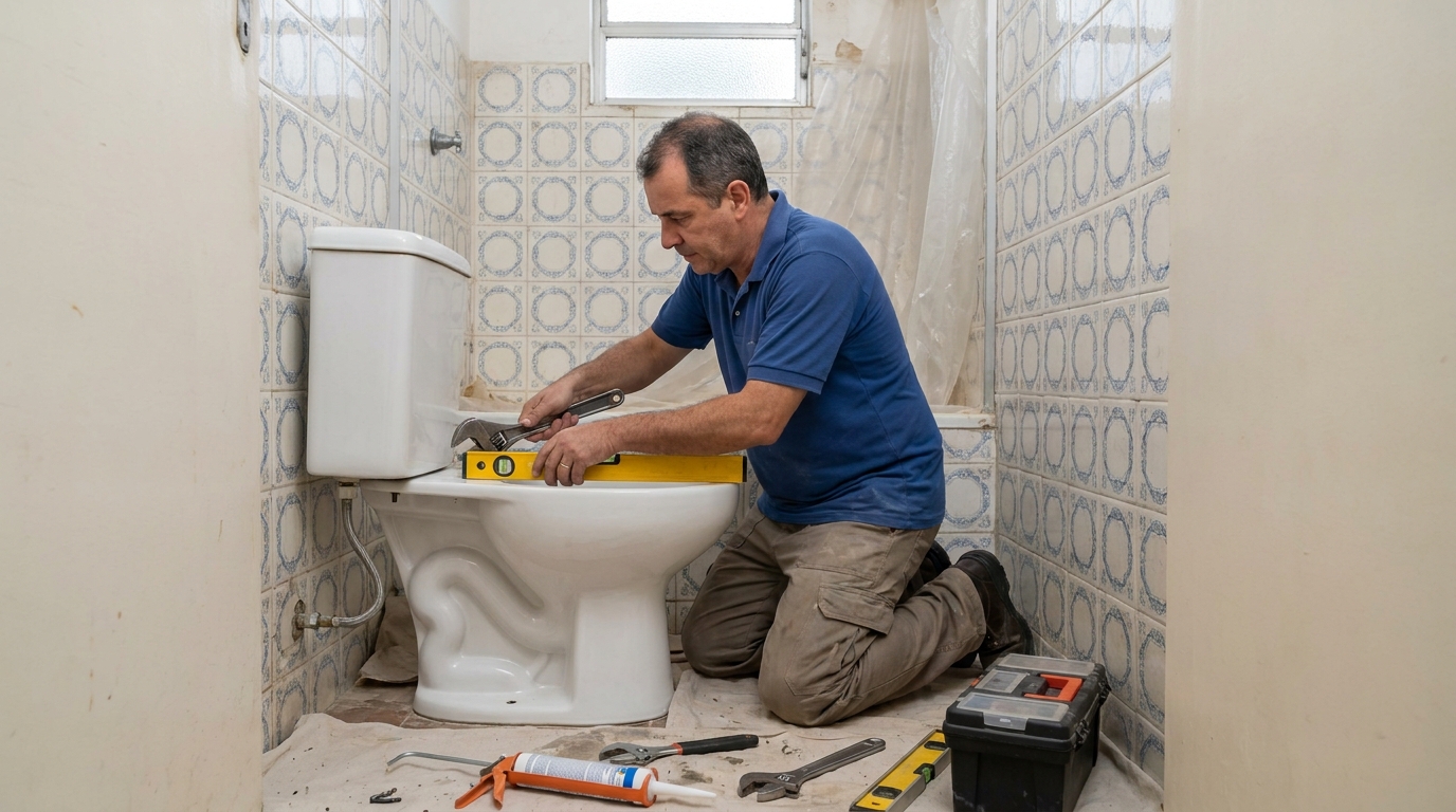 Técnico instalando vaso sanitário em Belo Horizonte‑MG